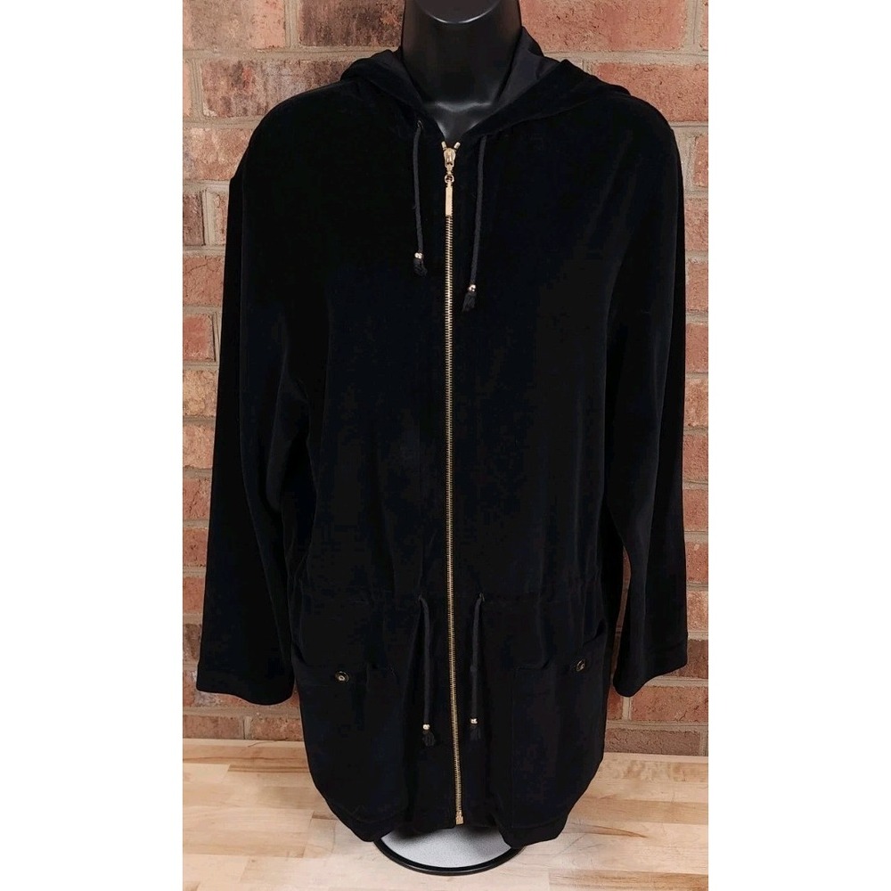St. John Knit Sport Black Hooded Jacket Gold Hardware Size Small Full Zip Cotton